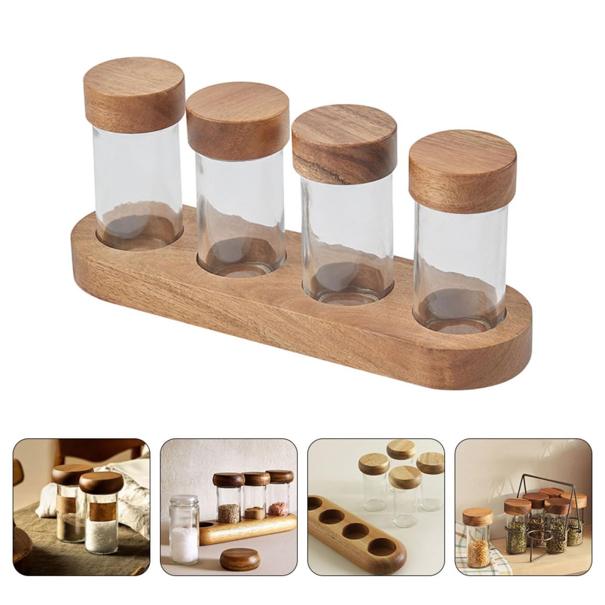 UKCOCO Set 4 Barattoli di Vetro con Coperchio in Legno di Acacia 90ml con Vassoio Porta Spezie per Cucina, Contenitori per Condimenti Trasparenti Salvaspazio per Uso Domestico e Barbecue