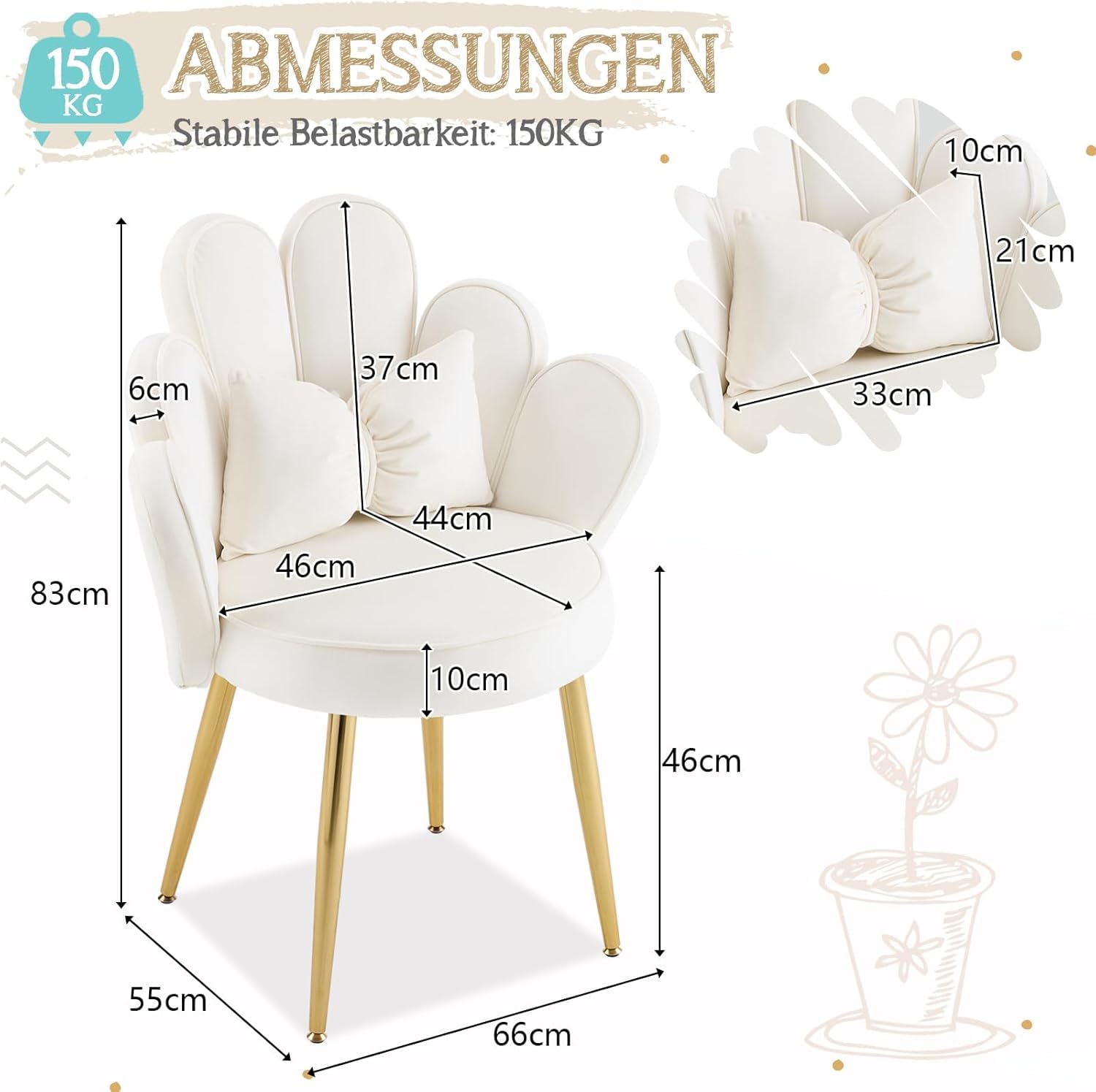 Fauteuil Salon, Chaise Coiffeuse, Dossier en Forme de Pétale, Fauteuil Chambre avec Coussin, Pieds en Métal (Blanc)