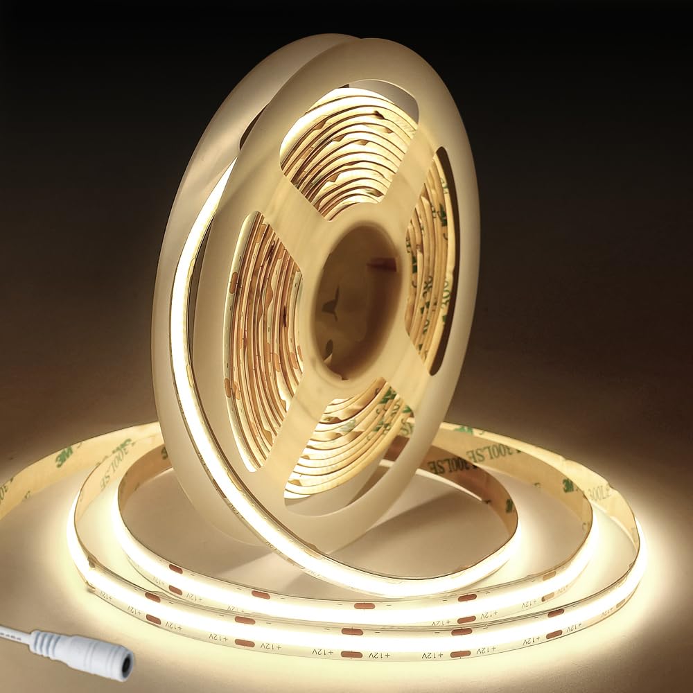 Fosingut COB LED Streifen 5m,DC12V COB Strip Naturweiß 4000k,480 LEDs/M CRI90+ Hohe Helligkeit Flexibel Band Lichtleiste Selbstklebend,8mm Stripes LED Bar,Kanal,Küche,TV,Auto,Heim Decor(Nur Strip)
