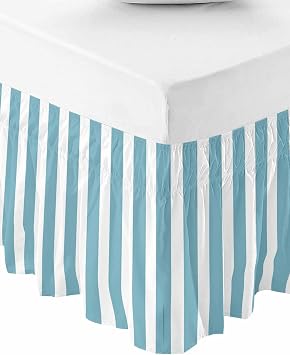 Aqua Striped Bed Skirt Queen Size 16 Inch Drop, Farmhouse Adjustable Elastic Bedskirt Dust Ruffle for Queen Bed, Blue White Stripes Wrap Around Bed Skirts Luxurious Pleated Bed Frame Cover