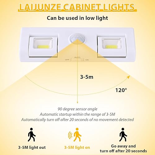 Miniatura 8 de Paquete de 2 luces LED con sensor para armario, luces debajo del gabinete, iluminación de contador de ángulo ajustable, funciona con pilas, se pega