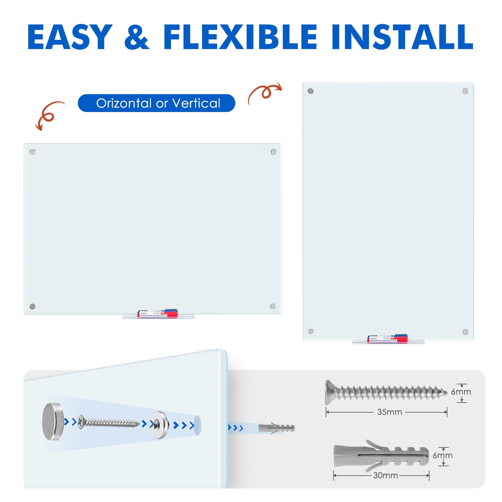 maxtek Tableau Magnétique Verre Trempé, 90 x 60 cm Tableau Blanc Effaçable Mural, Morden Whiteboard sans Cadre, Inklusive 5 Néodyme Aimants, 3 Markers, 1 Gomme, pour Club d'affaires, Bureau, Domicile