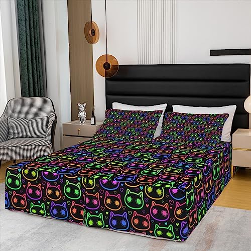 Colorful Cute Bed Skirts For Queen Beds Cartoon Cat Bed Skirt For Kids Child,Rainbow Kitten Bedskirt Kawaii Animal Sketch Bedding Decor Multicolor Loving Heart Bedroom Decor #TOP2