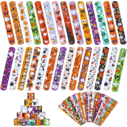 RICEDUO 48 Pieces Halloween Slap Bracelet for Kids, 24 Styles Colorful Halloween Slap Wristbands Bulk for Kids Party Favors Toys Prizes Goodie Bags Stuffers
