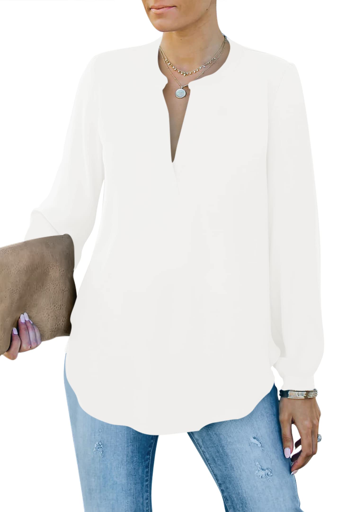 Homlan Blusa Elegante para Mujer, Cuello en V, Manga Larga, Informal, túnica, Camiseta de Manga Larga, Monocolor, Suelta