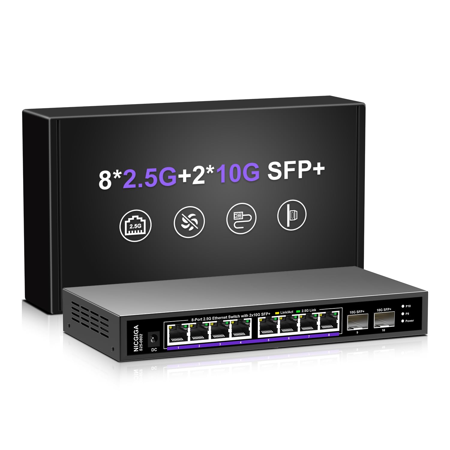 Photo 1 of 10 Port 2.5Gb Unmanaged Ethernet Switch with 8* 2.5G Base-T Ports + 2* 10G SFP+ Ports. NICGIGA 8 Port 2.5Gbps Network Switch for 2.5Gbps NAS/PC, WiFi6 Router, Wireless AP. Fanless Design.
