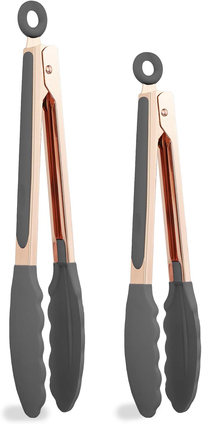 COOK with COLOR Stainless Steel Silicone Tipped Kitchen Food BBQ and Cooking Tongs Set of Two 9โ and 12โ for Non Stick Cookware, BPA Fee, Stylish, Sturdy, Locking, Grill Tongs, Rose Gold (Charcoal)