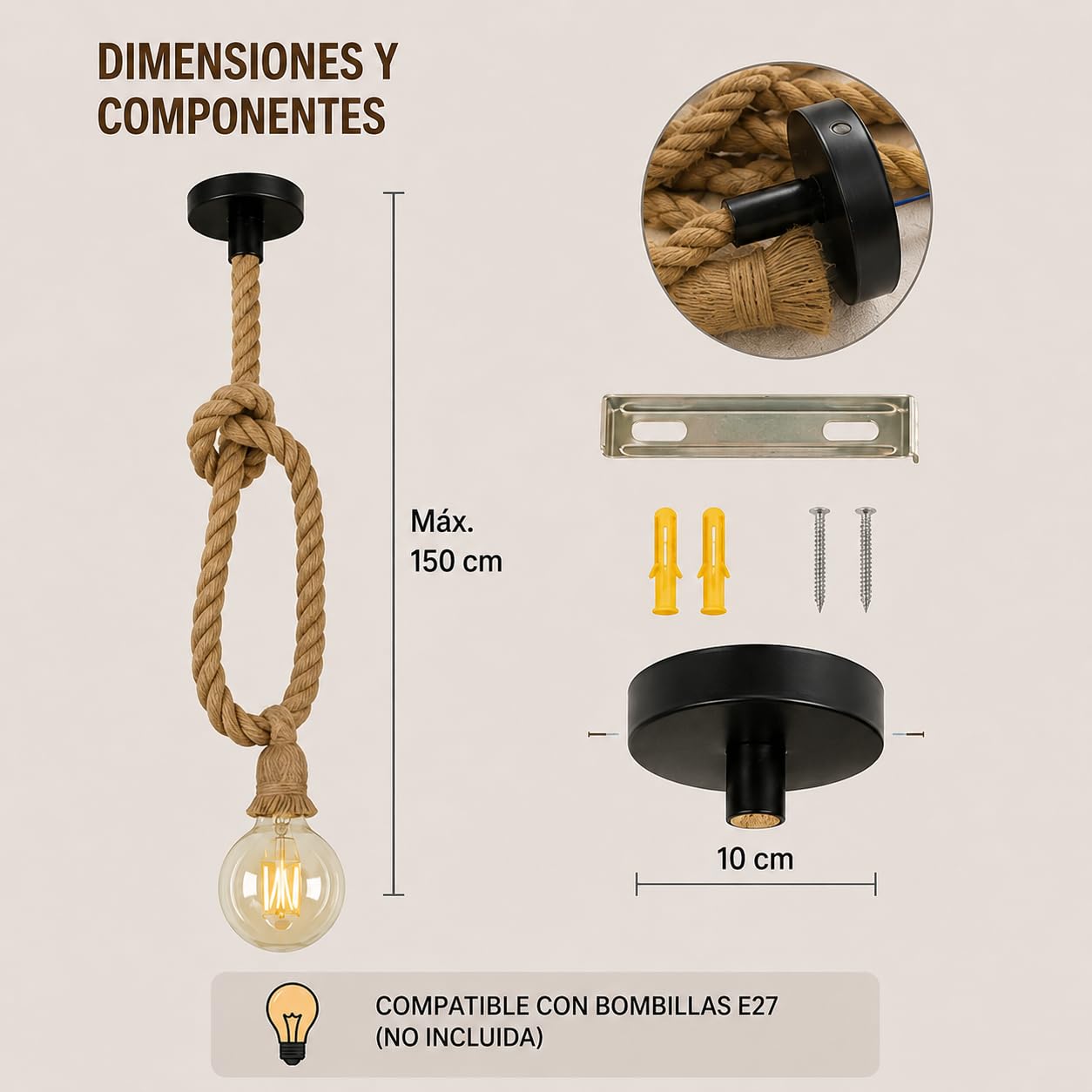 Genérico KKhome Lámpara Colgante de Cuerda de Cáñamo, Casquillo E27, Pack 2 | Estilo Náutico, Cable de 1,5 m, Uso Interior