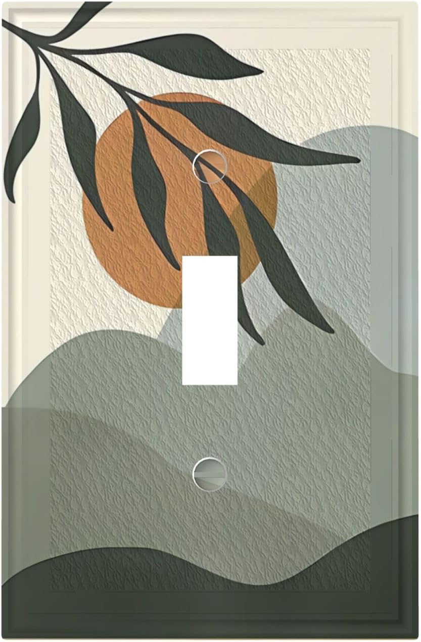 Abstract Mid Century Sun Boho 1 Gang Single Toggle Geometric Decorative Light Switch Covers Green Leaves Electrical Wall Plates Switchplate Faceplate for Kitchen Bathroom Home