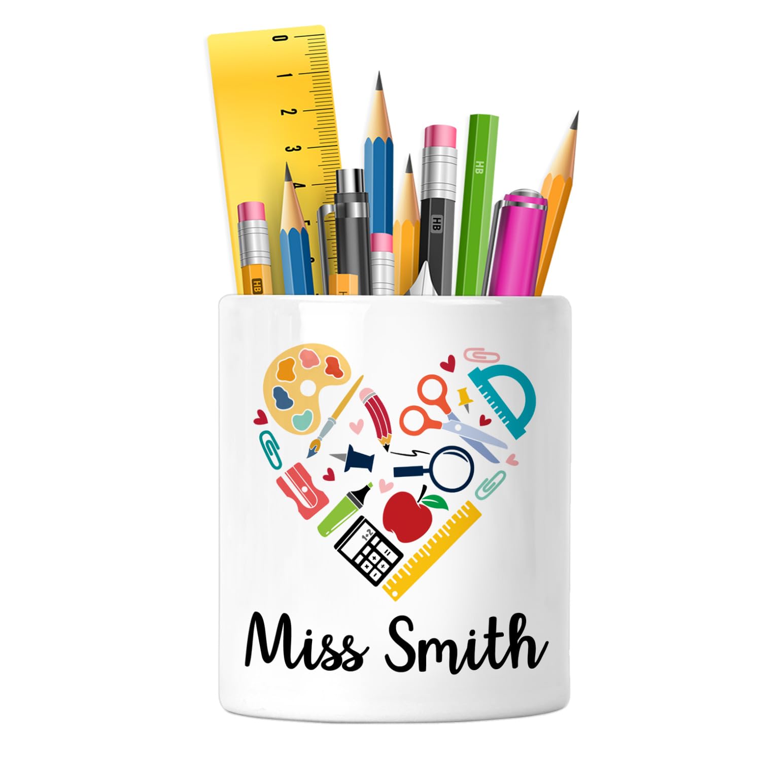 EnvyFone Personalised Teacher Pen Pot - Stationary Heart Design, Desk Organiser for School, Nursery or Office - End of Term Gift for Teaching Assistant, TA - Ceramic Pencil Holder