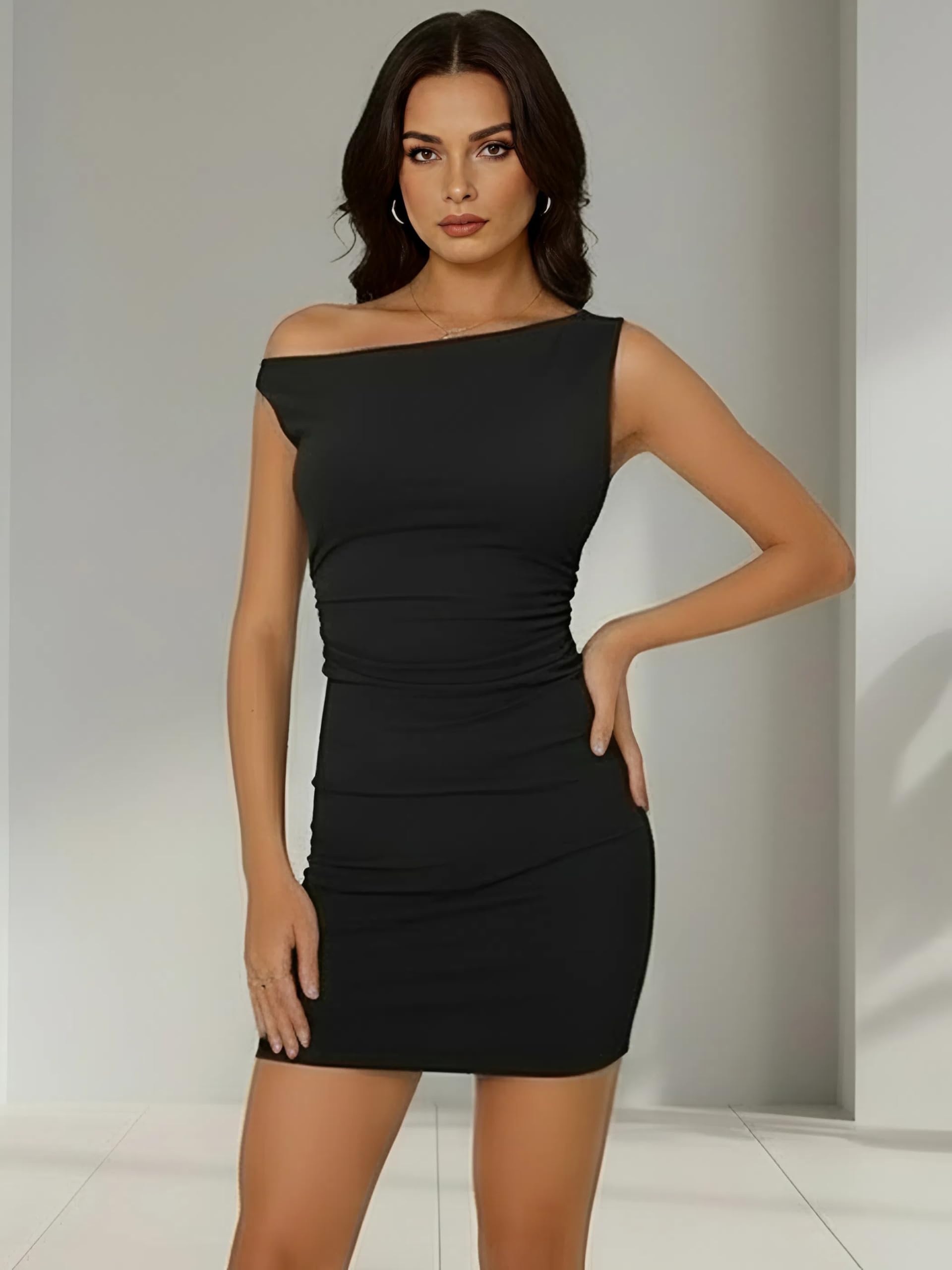 Vestito Donna Corto Estivo Sexy Mini Abito Nero Elegante Monospalla Tubino da Sera Aderente per Festa Miniabito Discoteca Estate AM231