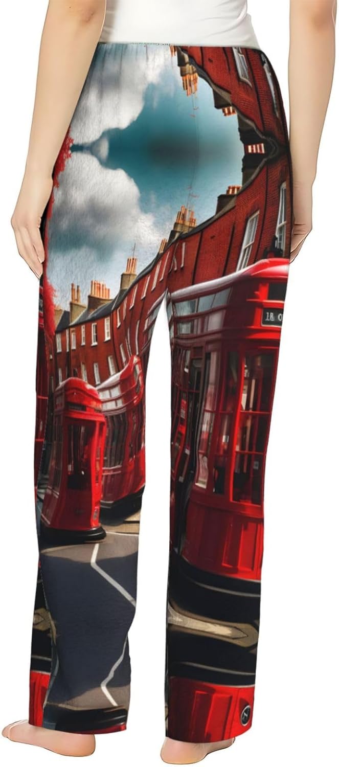 Red London Street Print Cozy Christmas Pajama Pants,Flannel Pajama Bottoms,Cater To Various Body Types
