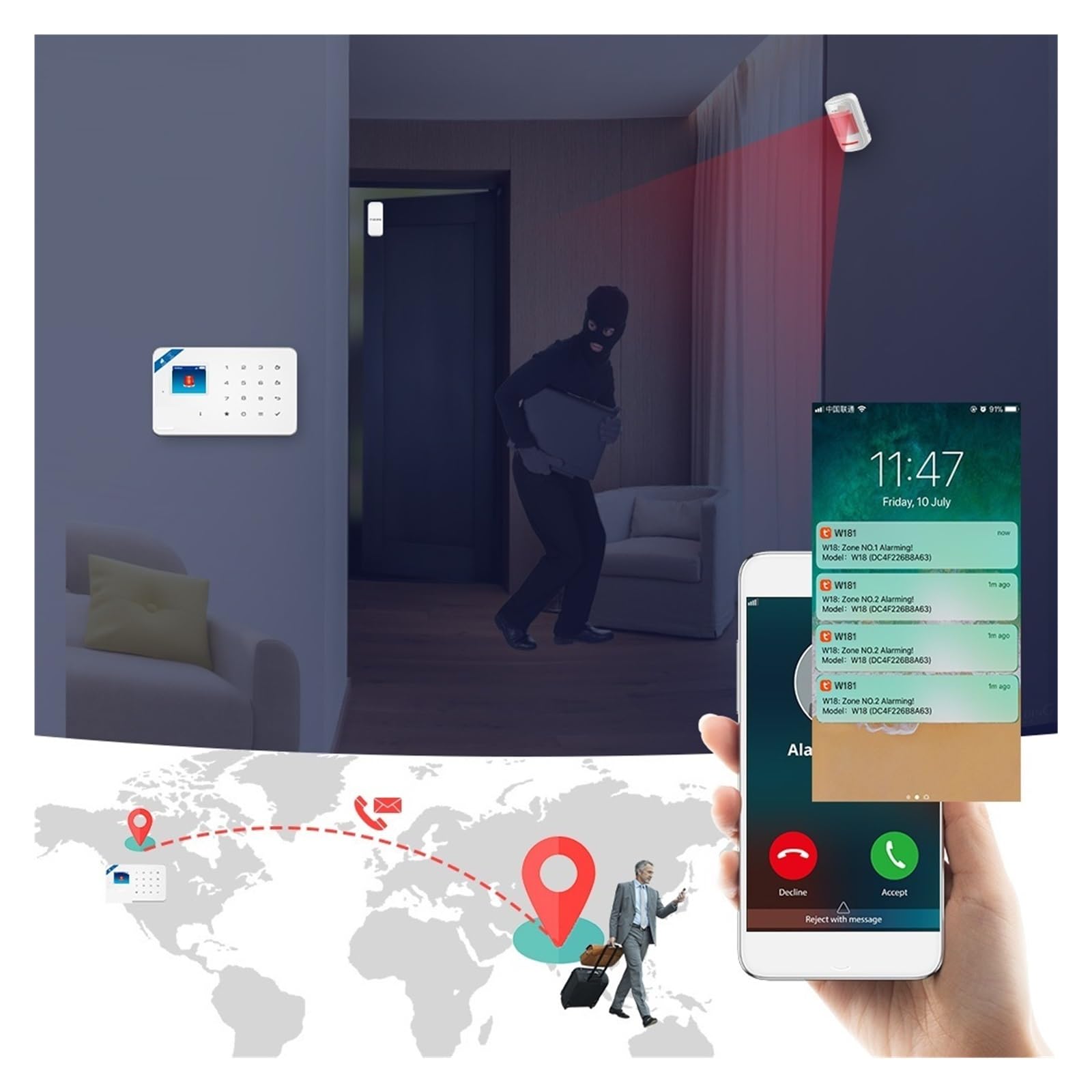 Sistema di Allarme di Sicurezza Domestica, Smart Alarm gsm Tuya Home System Kit 433 MHz di Allarme Wireless Sicurezza Telecamera IP Sensore Movimento Anti-Animale Domestico(W181 gsm Tuya Kit 1)
