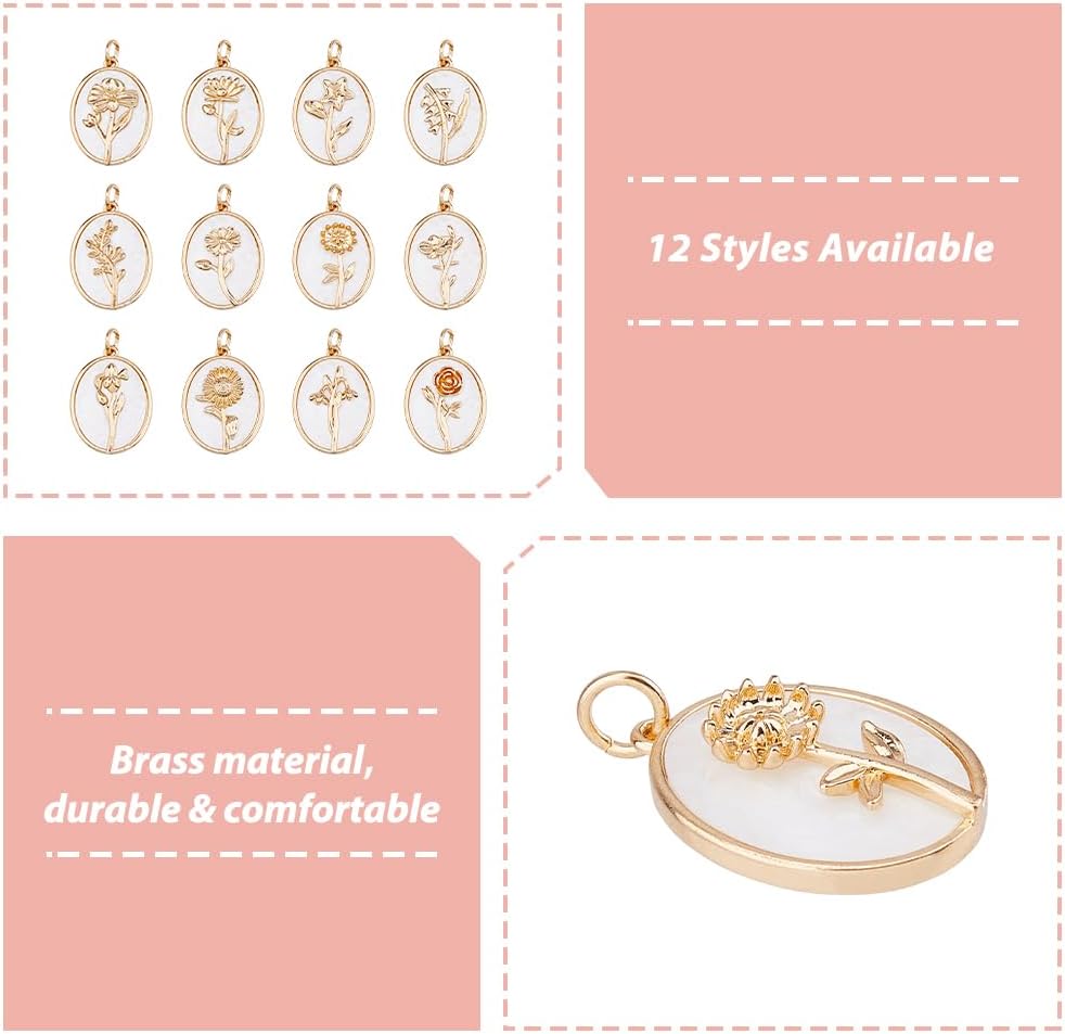 12 Styles Birth Flower Charms White Flower Dangles Charms Cute Floral Pendants Brass Pendants for Jewelry Making Bracelet Necklace Earrings Keychain DIY Accessories - Image 4