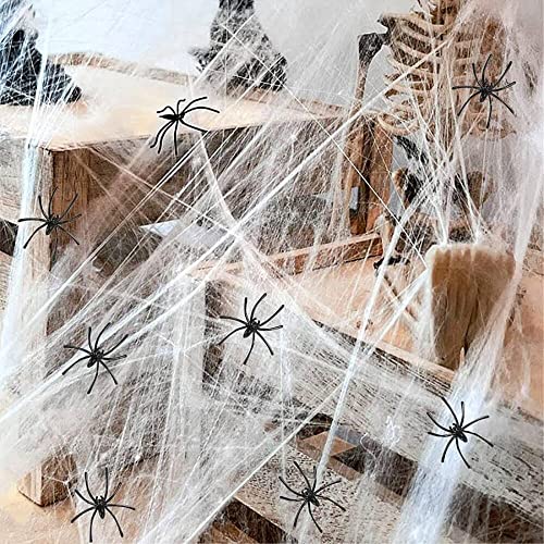 Antevia – Spinnennetz Halloween weiß mit 6 schwarzen Spinnen | über 10 Modelle | sehr dehnbar (Spiderweb)