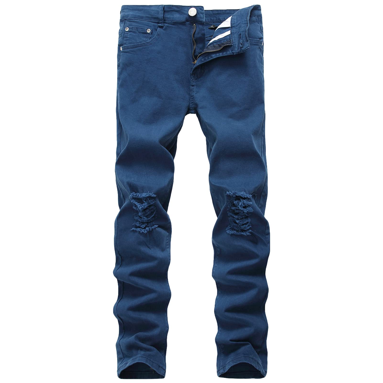 Men's Ripped Distressed Destroyed Jeans Stretch Vintage Hip Hop Jean with Holes Straight Leg Slim Fit Denim Pants (Blue 1,30)
