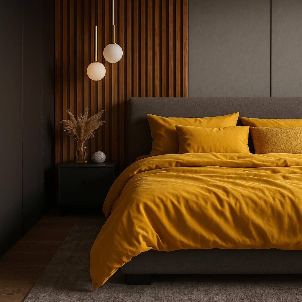 VelvetHome Komplet Pościeli 155x220cm 100% Bawełna Pościel 155x220 + Poszewka 80x80 cm Wysoka Jakość Pościel z zamkiem błyskawicznym Kolor Musztardy 155 x 220