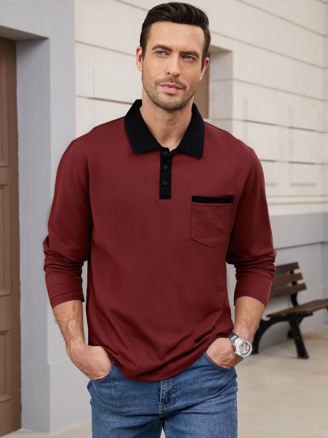 Men's Casual Long Sleeve Polo Shirts Cotton Polos T Shirt Classic Button Collared Golf Shirt with Pocket - Image 3