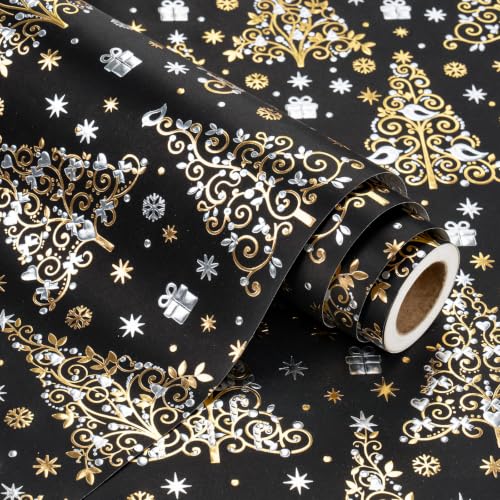 WRAPAHOLIC 3D Kraft Christmas Wrapping Paper Roll - Mini Roll - 17 Inch x 16.5 Feet - Gold and Black Foil Embossed Christmas Tree Wrapping Paper Perfect for Holiday, Party Celebration