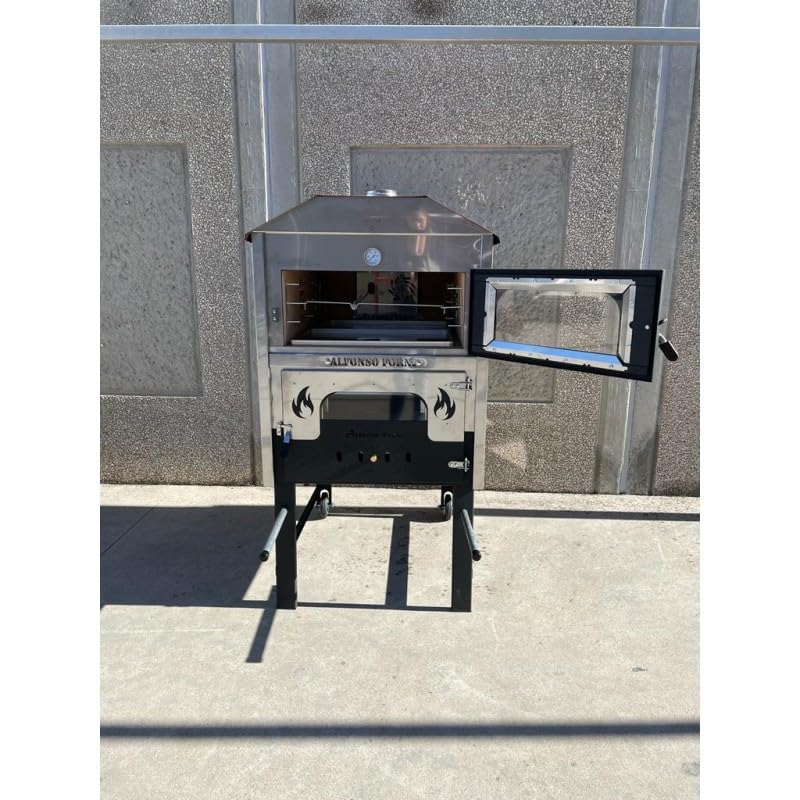Forno a Legna Fuoco Indiretto Mattoni refrattari Portatile In Acciaio Da Esterno Girarrosto Automatico Ventilato 3 Livelli Di Cottura,Pizza Pane Pollo Kebab Luxor V2 Plus Girarrosto