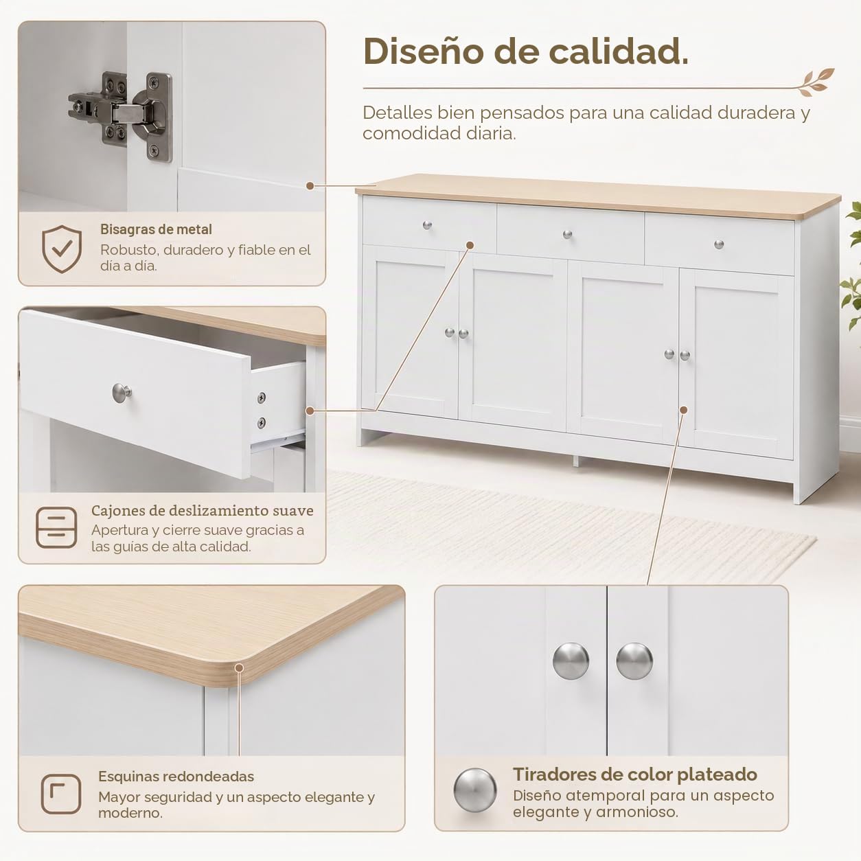 Aparadores para Salon, Aparador Blanco, Aparador Madera, Aparador Comedor, Alacena De Cocina, Armario Buffet con 3 Cajones Y 4 Puertas, Aparadores para Salón Entrada Comedor, 160 x 37 x 75 cm