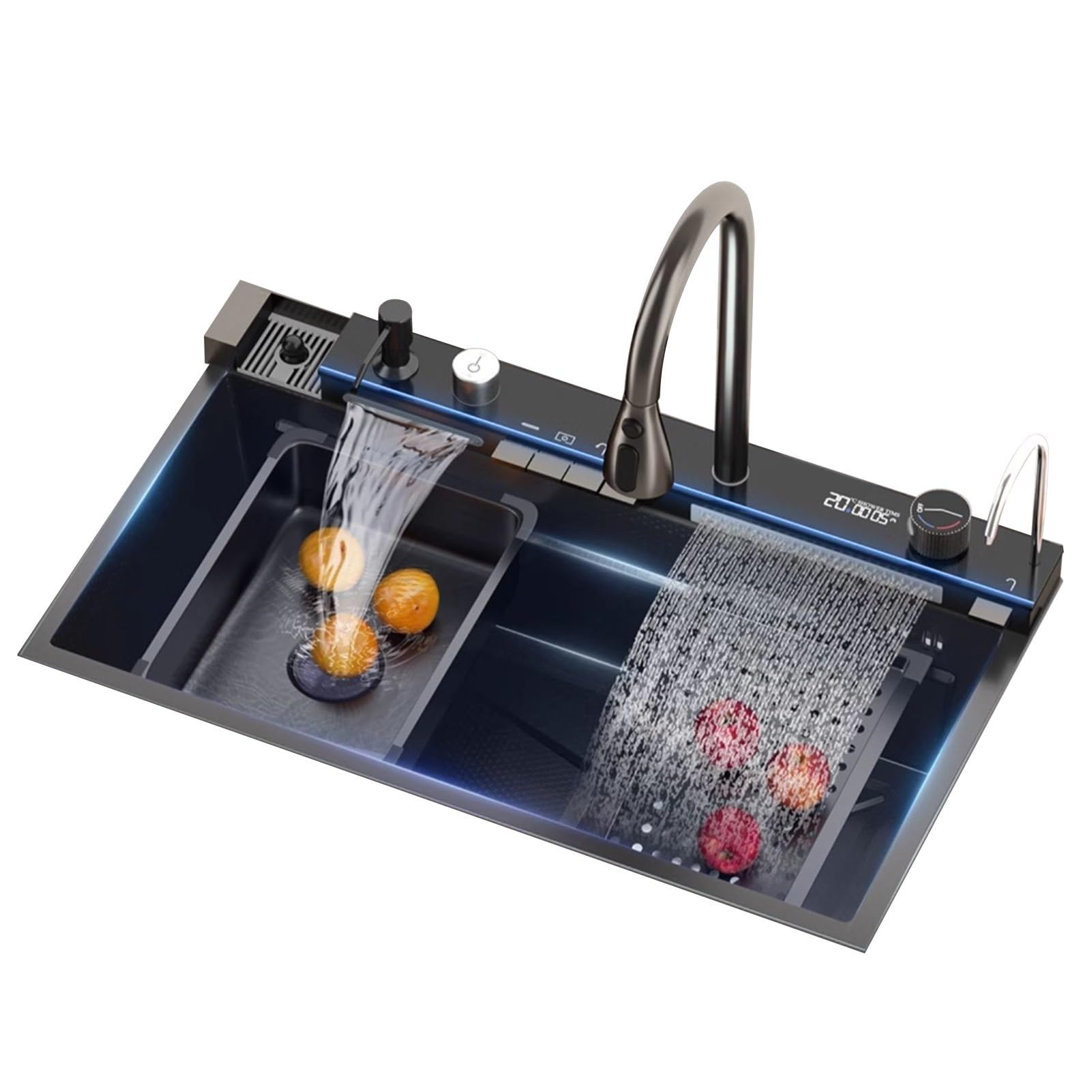 ZQFHSX Smart Kitchen Sink Two Waterfalls Stainless Steel Vegetable Wash Basin With Pull-out Faucet(68 * 46CM)