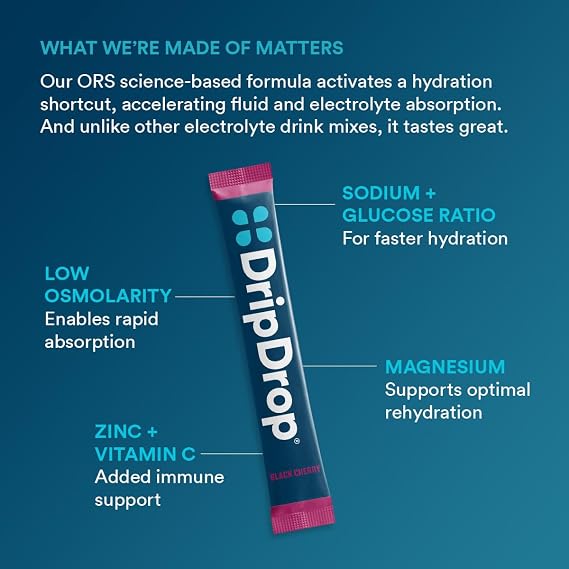 DripDrop Hydration Sunburst Variety Pack, Electrolyte Packets, 32 Count | Lemon Lime, Strawberry, Peach & Black Cherry; 3X Electrolytes, Vitamin C, Magnesium, Zinc; Single Serve Powder Drink Mix