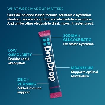 DripDrop Hydration Sunburst Variety Pack, Electrolyte Packets, 32 Count | Lemon Lime, Strawberry, Peach & Black Cherry; 3X Electrolytes, Vitamin C, Magnesium, Zinc; Single Serve Powder Drink Mix