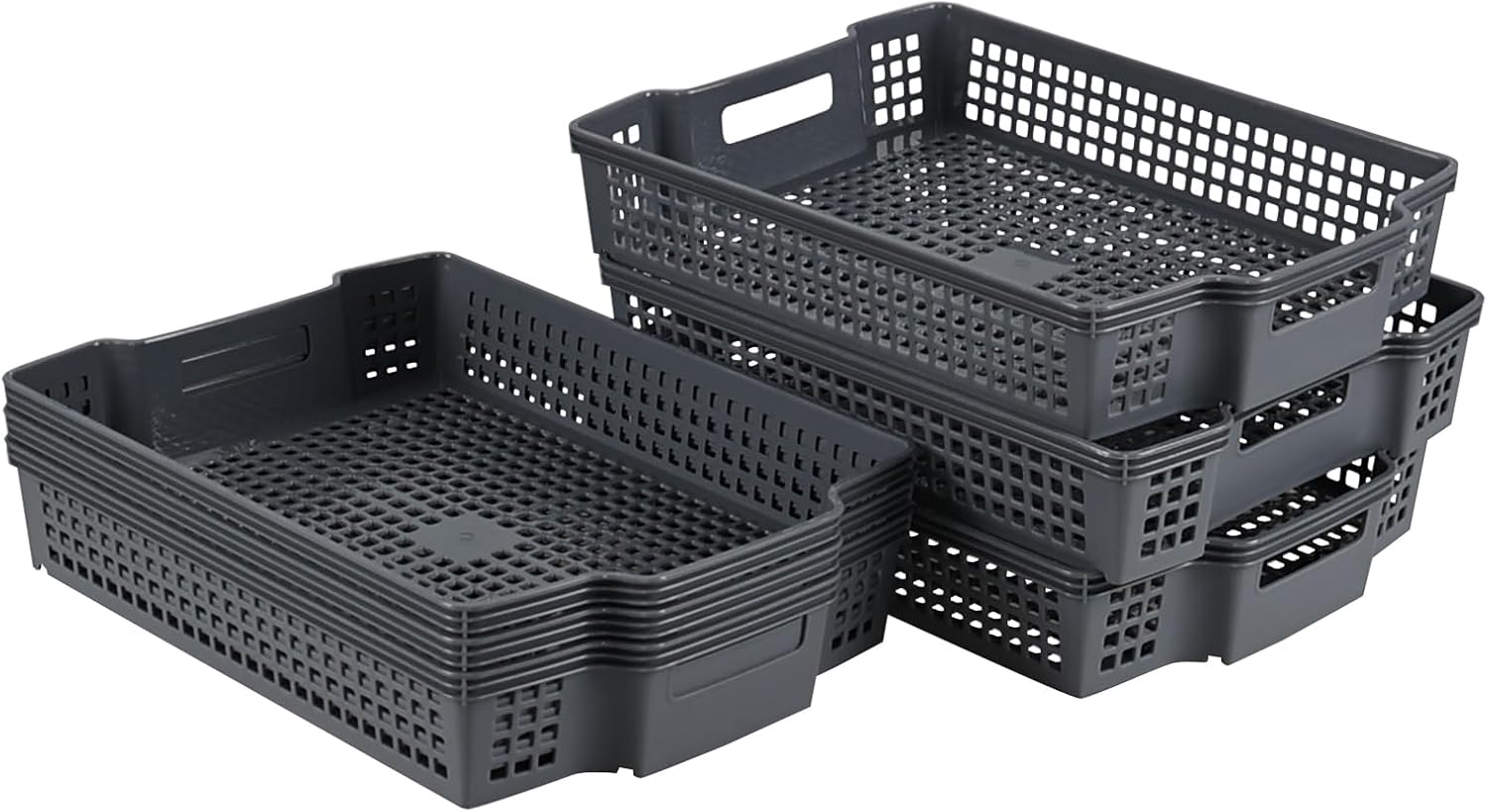 6 Packs Stackable Organizer Storage Basket Trays, Plastic Office Shallow Peper Trays, Grey