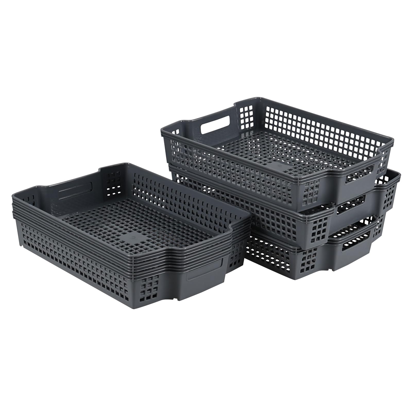 Leendines 6 Pack Plastic Stackable Shallow Basket, Peper Storage Trays, Grey