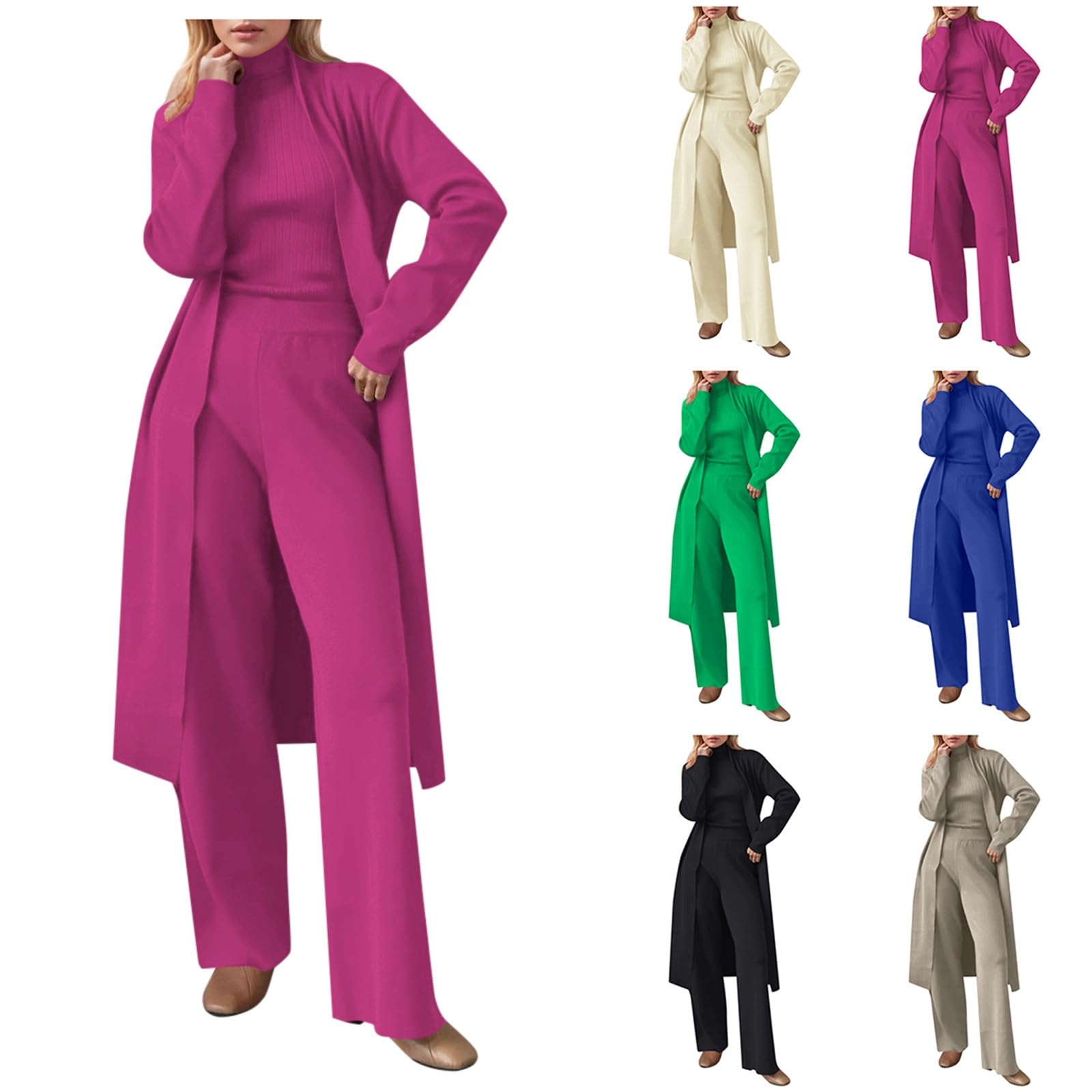 Traje de pantalón elegante para mujer, traje de punto suave, traje de ocio, traje de 3 piezas, con chaqueta de punto y pantalones de pierna ancha, juego de ropa de salón informal, traje de