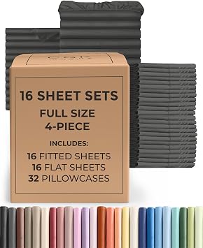 Bulk Case Pack of 16 Sheet Sets - 16 Complete Full Size Sheet Sets with Deep Pockets - Wholesale Bulk Bedding for Hotels, Spas & Airbnbs - Breathable, Cooling, Soft & Wrinkle Free - Full, Charcoal