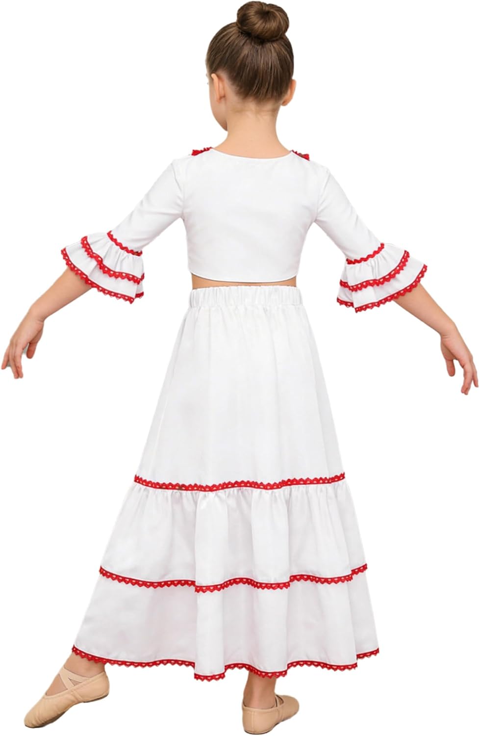 Kids Girls Spanish Flamenco Outfit Ruffle Gypsy Mexican Folklorico Dance Skirt with Crop Top 2 Piece Set Ivory 16 Years