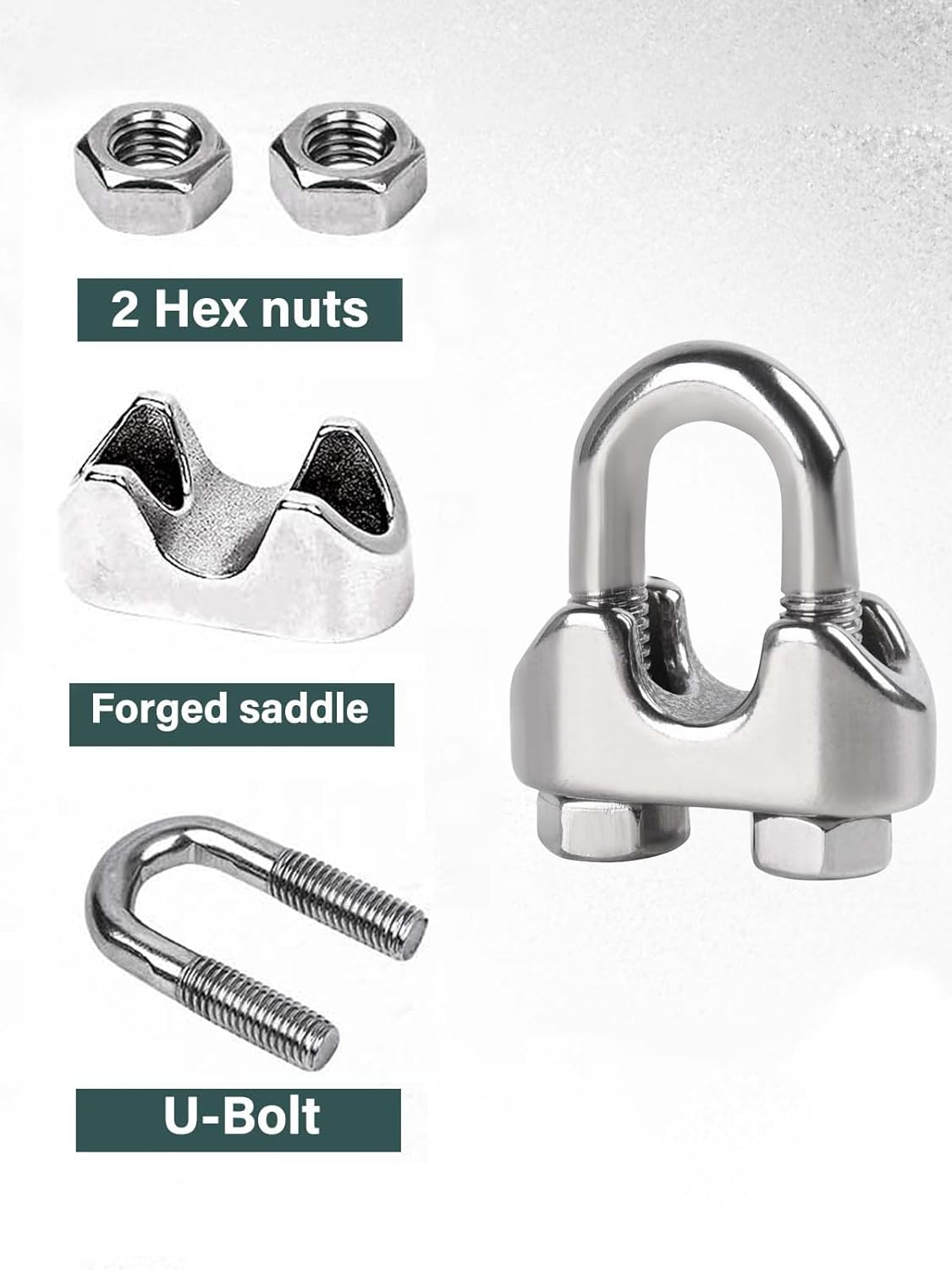 12Pcs 1/4" M6 Wire Rope Clamps 10 Pcs M6 Wire Rope Thimble, 304 Stainless Steel Cable Clamps Kit for 1/4 inch Steel Cable Thimbles Rigging - Image 3