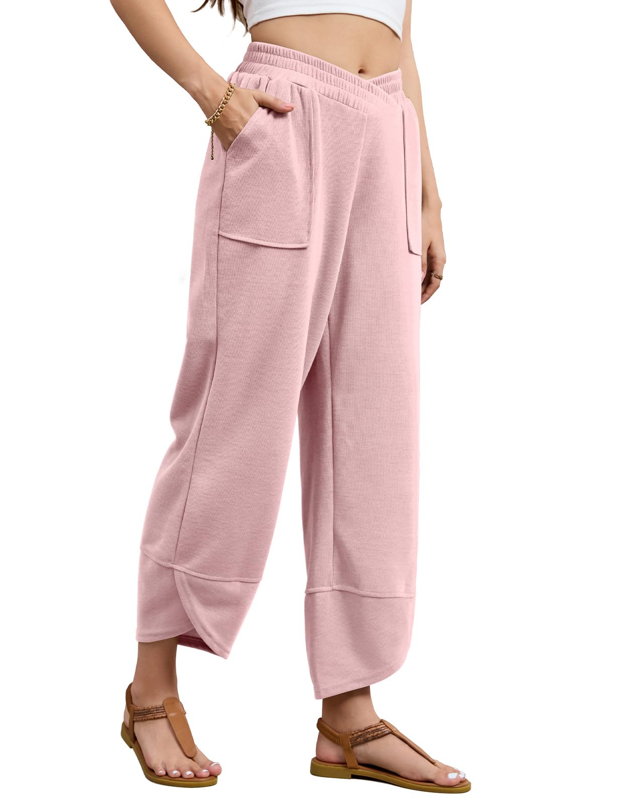 Viracy Womens Baggy Wide Leg Pants Casual Cross Elastic Waist Palazzo Wrap Hem Harem Pants with Pockets