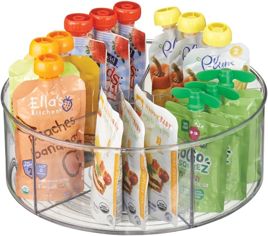 mDesign Divided Lazy Susan Turntable Storage Container for Kitchen Cabinet, Pantry, Refrigerator, Countertop Food Safe - Spinning Organizer for Kids/Toddler's Food Pouches - 5 Sections, Clear
