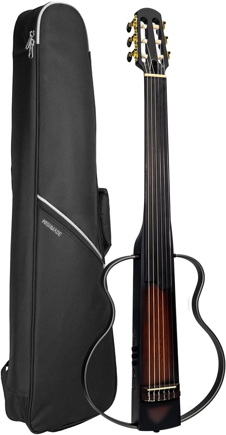 WishMade Fretless Silent Travel Guitar Electric Classical Guitar Classic Nylon String Mahogany Body with Removable Frames Gig Bag (Sunburst)