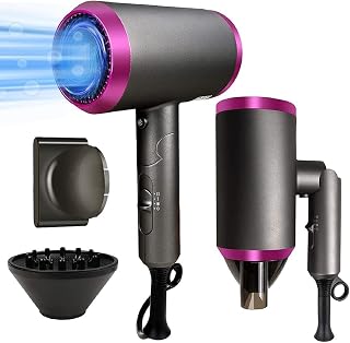 Ionic Foldable Hair Dryer - Amped 1800W Professional Negative Ions Hair Dryer, Blow Dryer with 3 Heating/2 Speed/Cold Settings, 1 Nozzles and 1 Diffuser, Salon Use Pink
