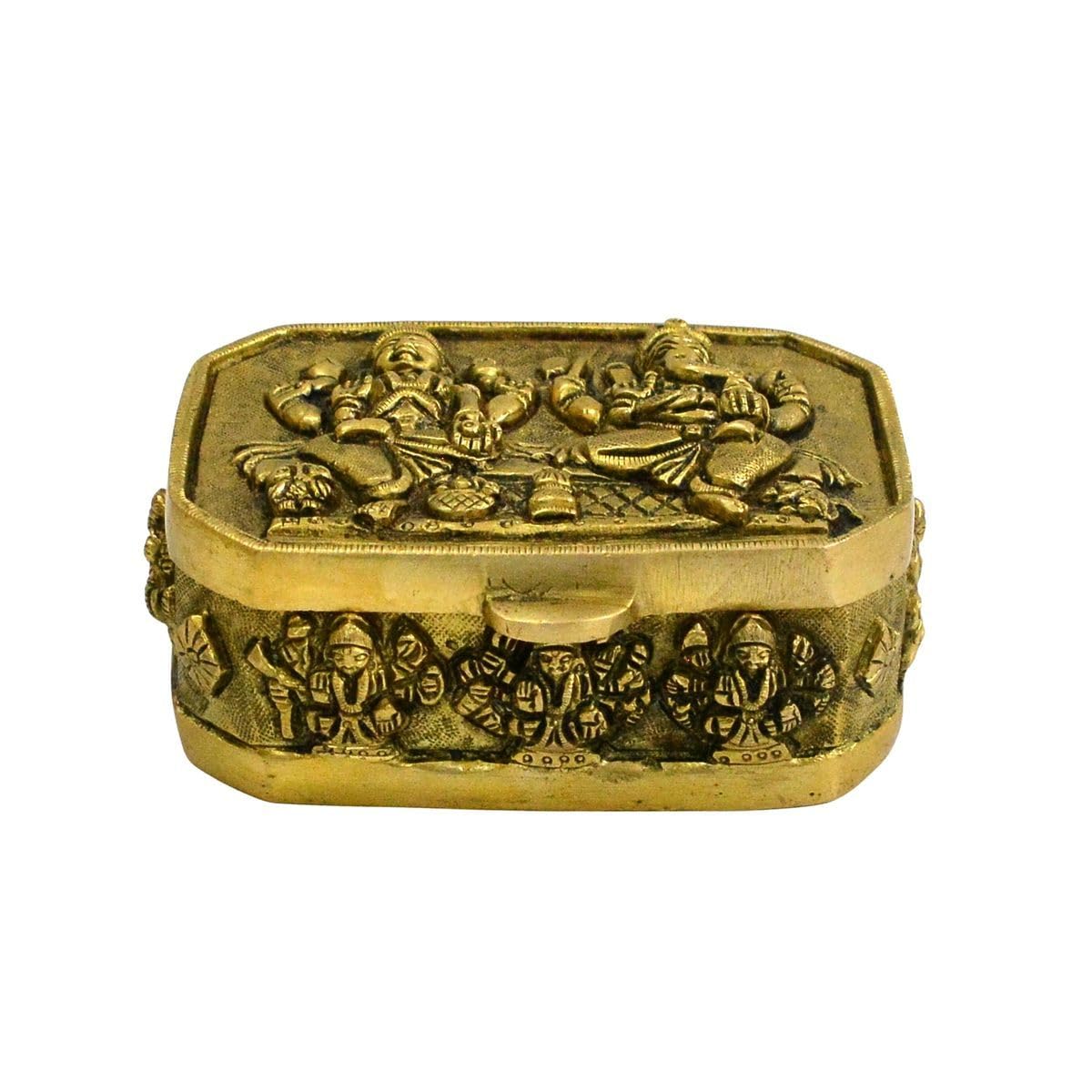 Tarang Arts Brass Ganesha Lakshmi Storage Box | Antique Finish Brass Box for Jewelry, Kumkum & Pooja Items | Decorative Hindu God Engraved Trinket Box | Home Décor & Festive Gift Item
