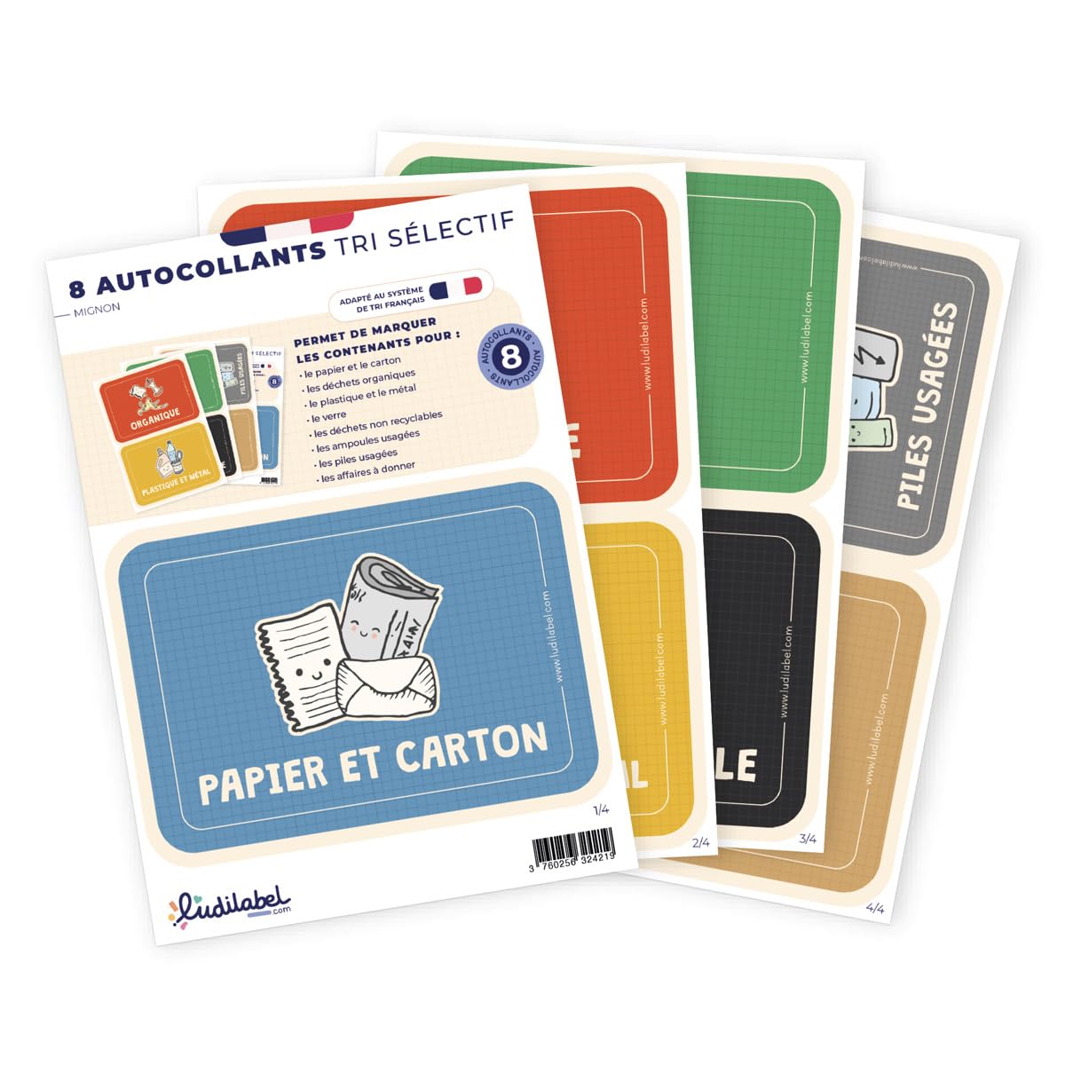 Ludilabel 7 Étiquettes de Tri sélectif pour Poubelles France