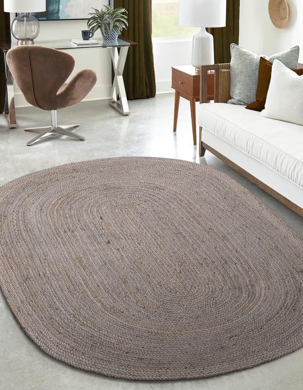 Tapis ovale en jute gris de 0,9 x 1,5 m, tapis de sol en fibre rustique tissée à la main, durable et respectueux des animaux de compagnie pour salon, salle à manger et chambre à coucher