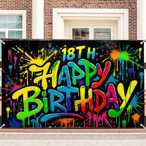 Image of Nuxovilar 18th Birthday Banner Polyester Graffiti Backdrop Decor 71 inchx43