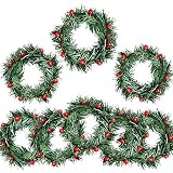 8 PCS Holly Berry Candle Ring Small Artificial Red Berries Pine Needles Wreath for Christmas Garland