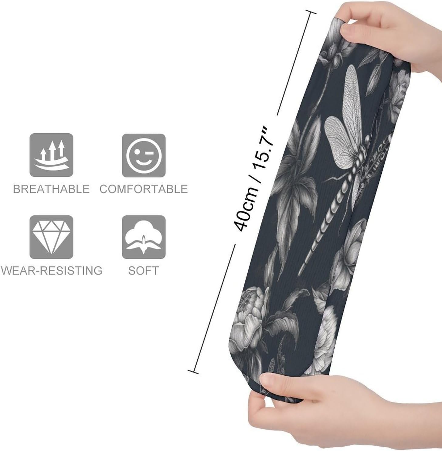 Black Flowers And Dragonfly Crew Socks Soft Thermal Socks | Socks for Men Women-Casual Wicking,High Stocking for Sports Running-Long Thin Tube Sports Breathable