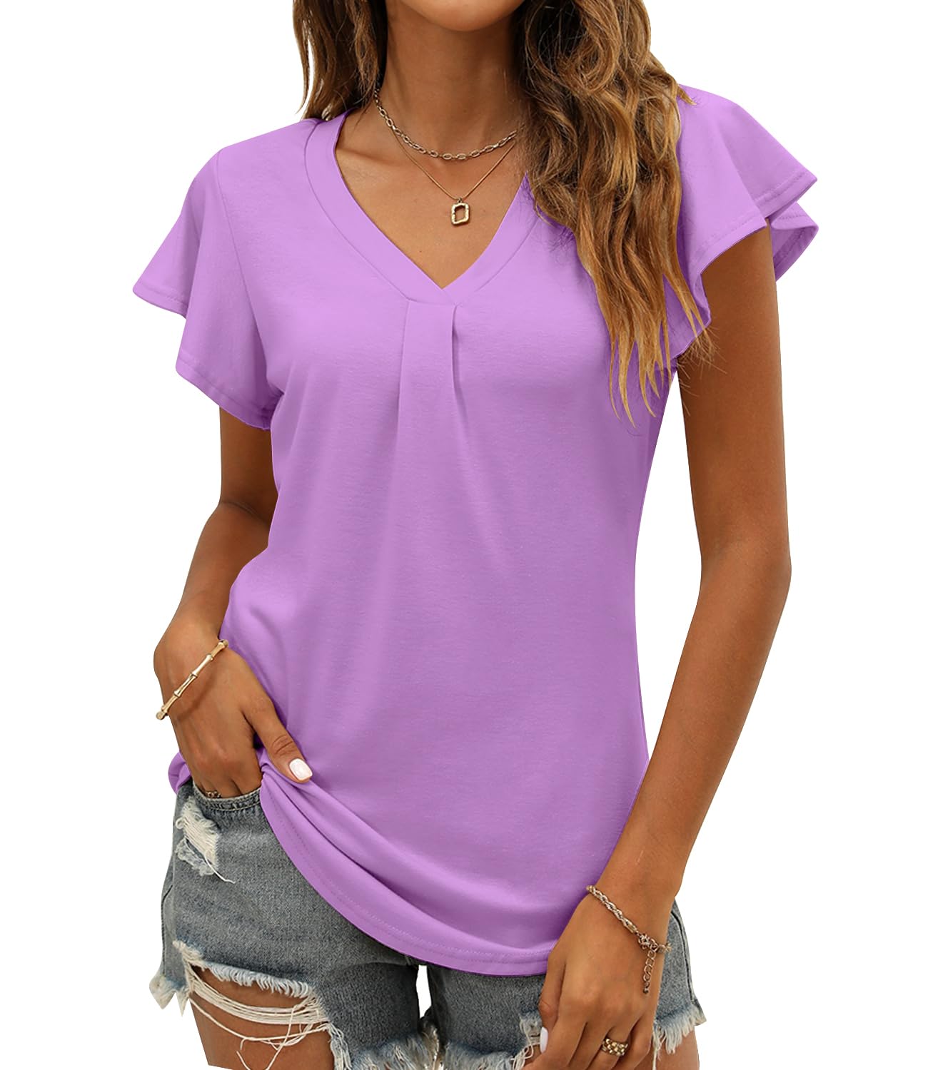 Women's Summer Tops Ruffle Sleeve V Neck Tunic Shirts Business Casual Flowy Blouses for Women