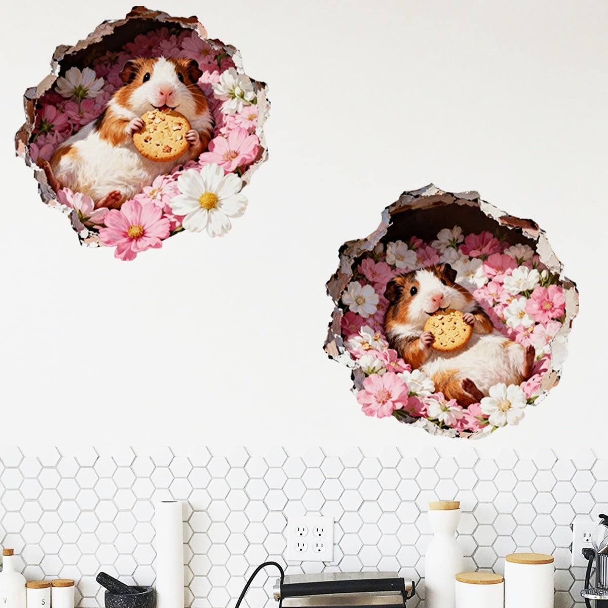 COVPAW 2x 3D Hamster Wandaufkleber süss Kinderzimmer Wandtattoo Maus Blumenbett Kuchen Essen Geniessen Wandsticker Wanddeko Babyzimmer Wohnzimmer Schlafzimmer Kindergarten (2Hamster)