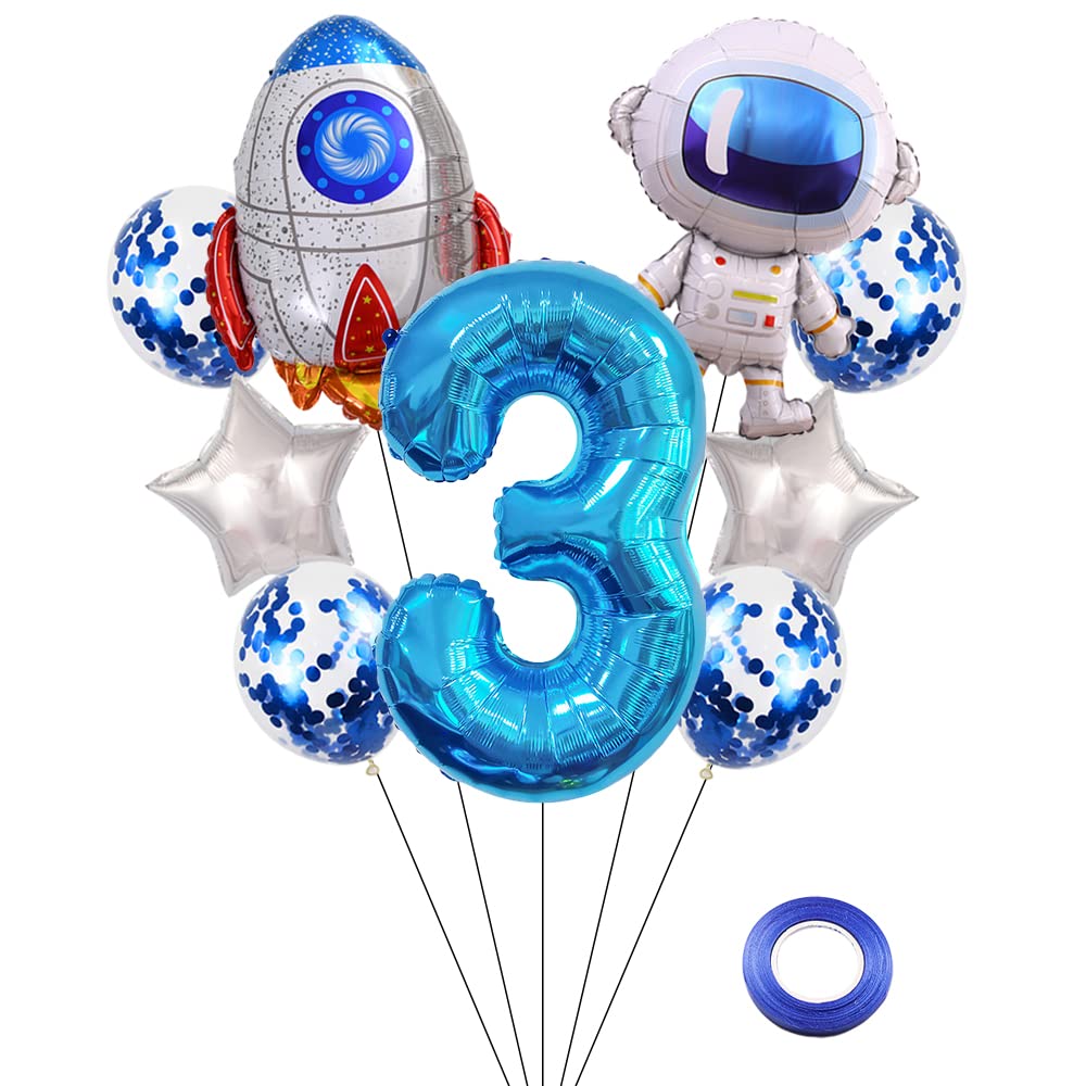 Kawailay Astronaut Rocket 3rd Birthday Party Balloons Jumbo Spaceman Birthday Balloons Outer Space Theme Foil Balloons 32 Inch Blue Number 3 Helium Balloon for Kids Birthday Party