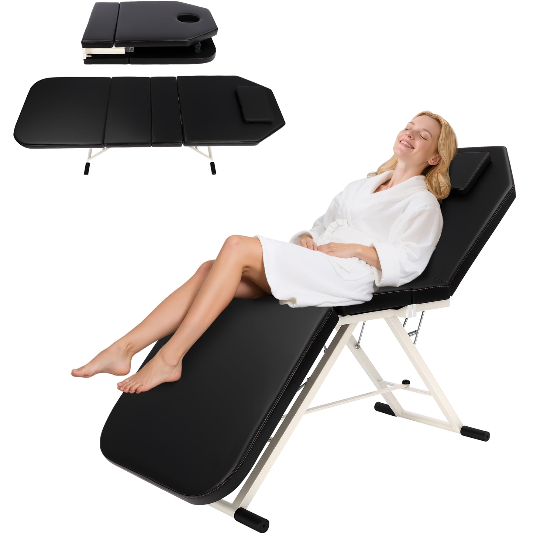 Tumbona de masaje plegable con cojín, 3 zonas, hasta 250 kg | Portátil portátil, ajustable 70°+45° y almohada, cojín de poliuretano, para spa salón de belleza, masaje en casa