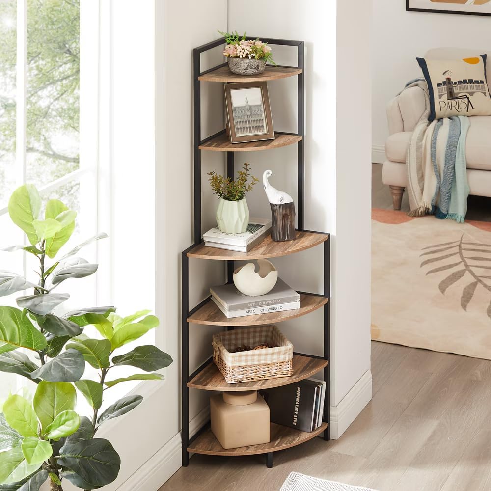 Diagram showing weight capacity of 30 pounds per shelf on the 6-tier corner bookshelf