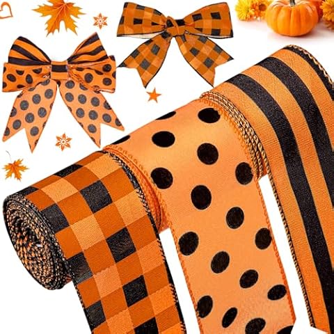 Wiaxin 3 Rolls Wired Ribbon Orange 2.5 Inch x 15 Yards Easter Orange and Black Buffalo Plaid Ribbon Gingham Ribbon Dot Pattern Striped Ribbons for Halloween Thanksgiving Fall DIY Crafts Party Decor Cover